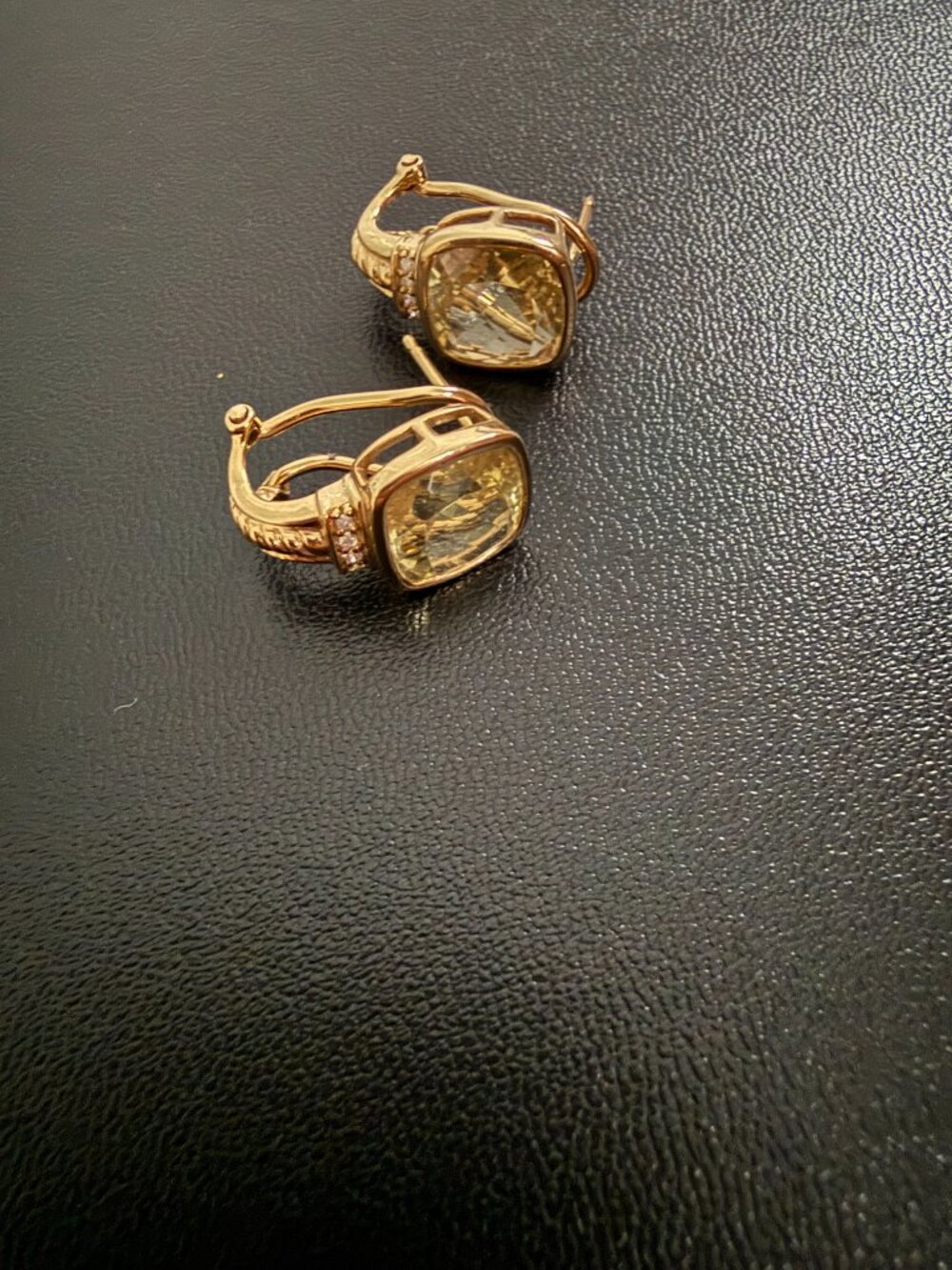 14K Yellow Gold Lemon Quartz & Diamond Cushion Earrings Omega Back